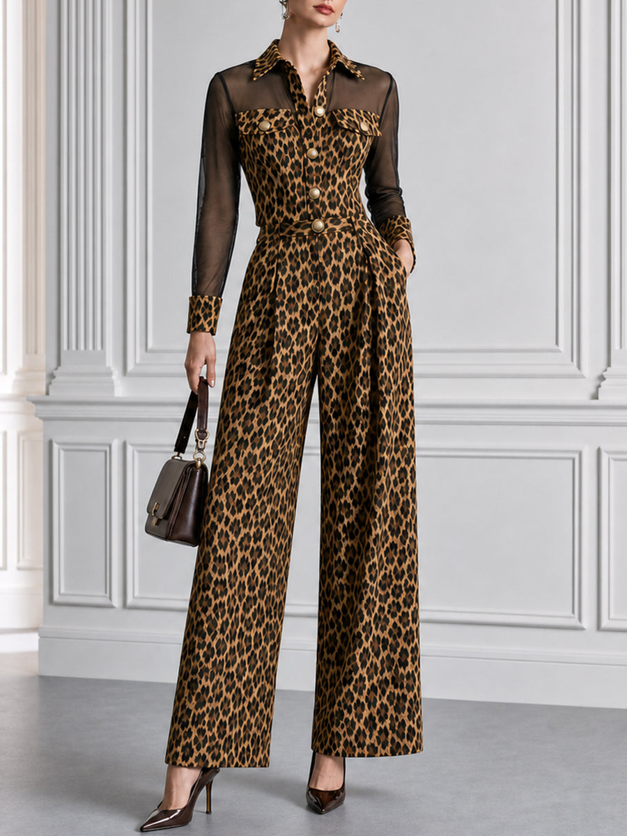 Leopard Print Mesh Sleeve Metal Buttons Wide Leg Jumpsuit