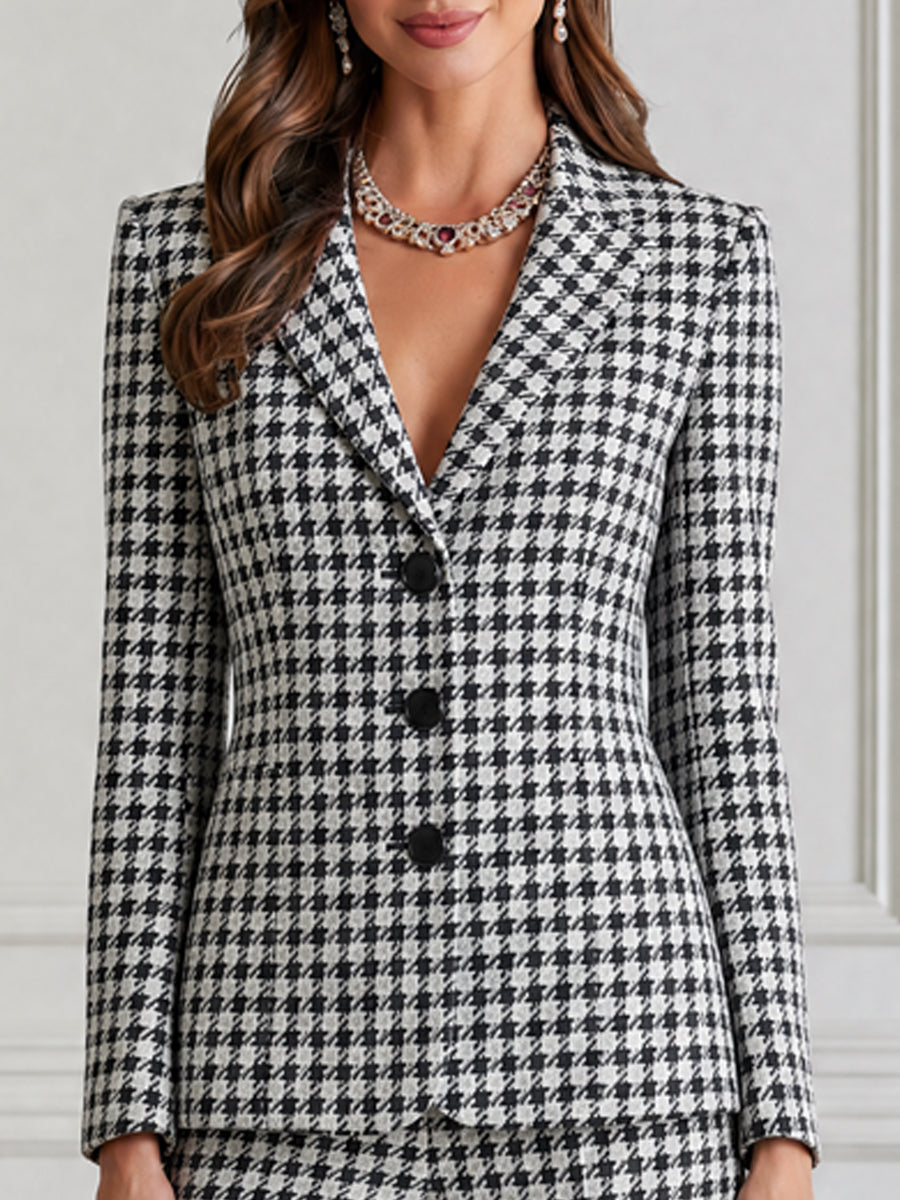 Houndstooth Plaid Single-Breasted Blazer & Flare Pants Set