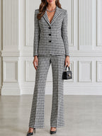 Houndstooth Plaid Single-Breasted Blazer & Flare Pants Set
