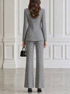 Houndstooth Plaid Single-Breasted Blazer & Flare Pants Set