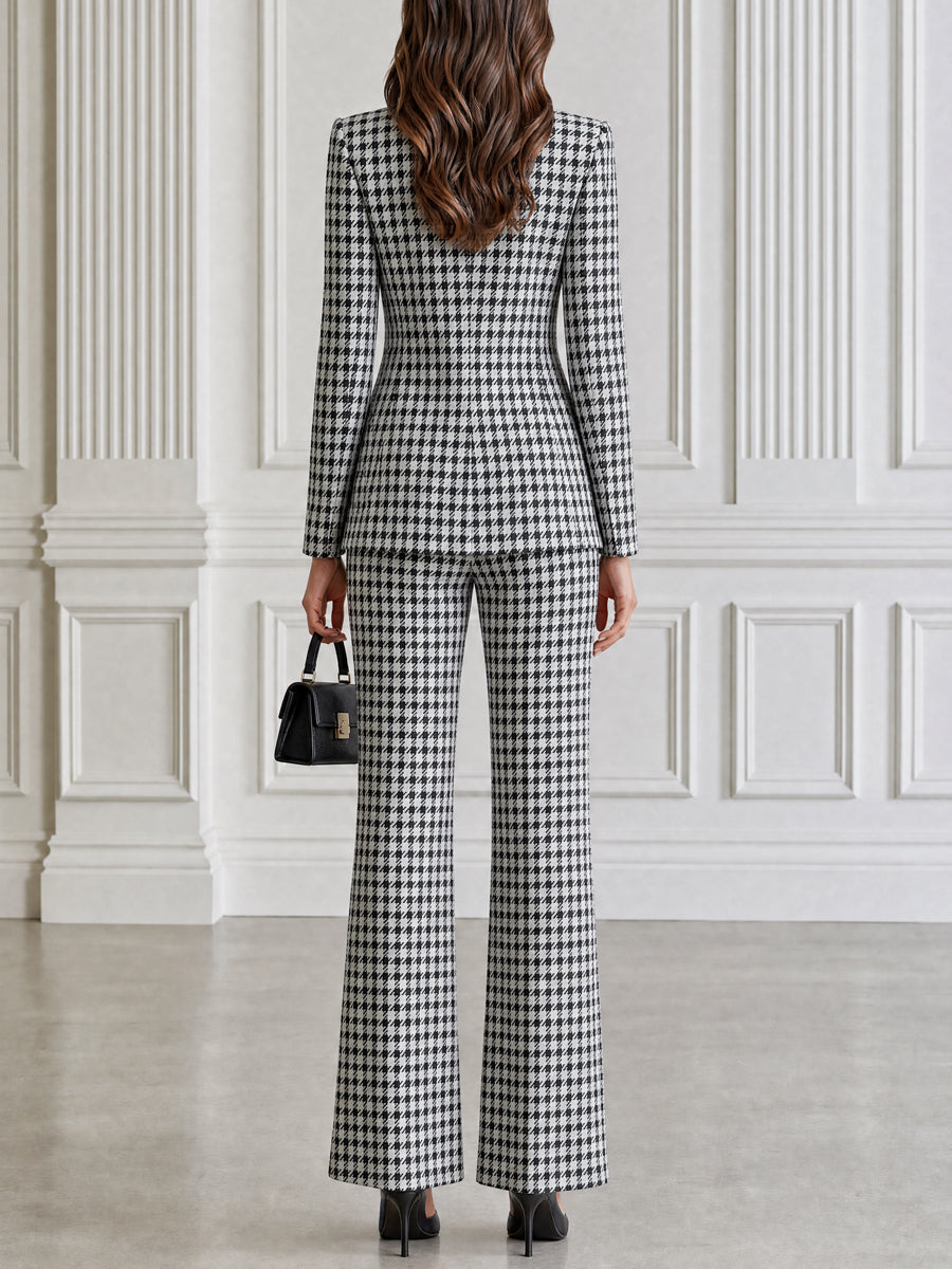 Houndstooth Plaid Single-Breasted Blazer & Flare Pants Set