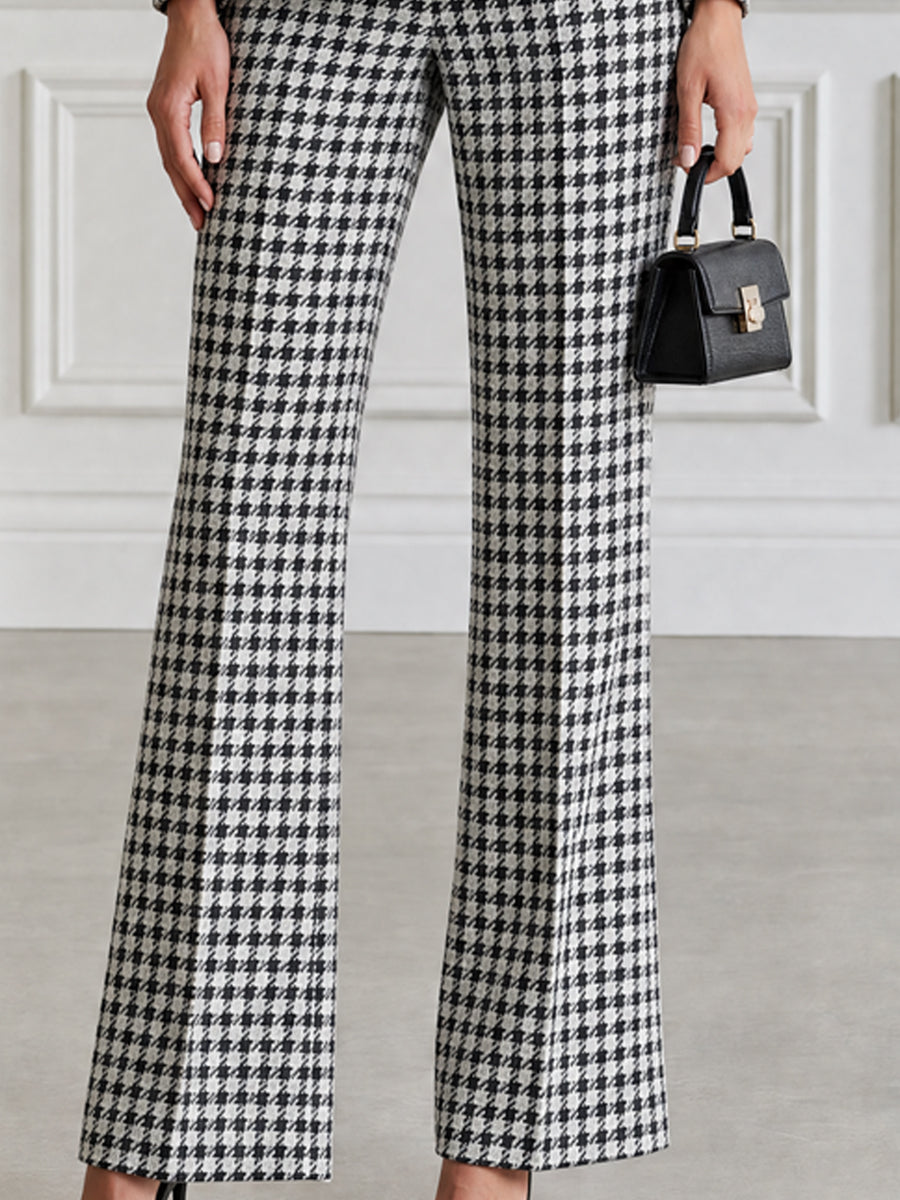 Houndstooth Plaid Single-Breasted Blazer & Flare Pants Set