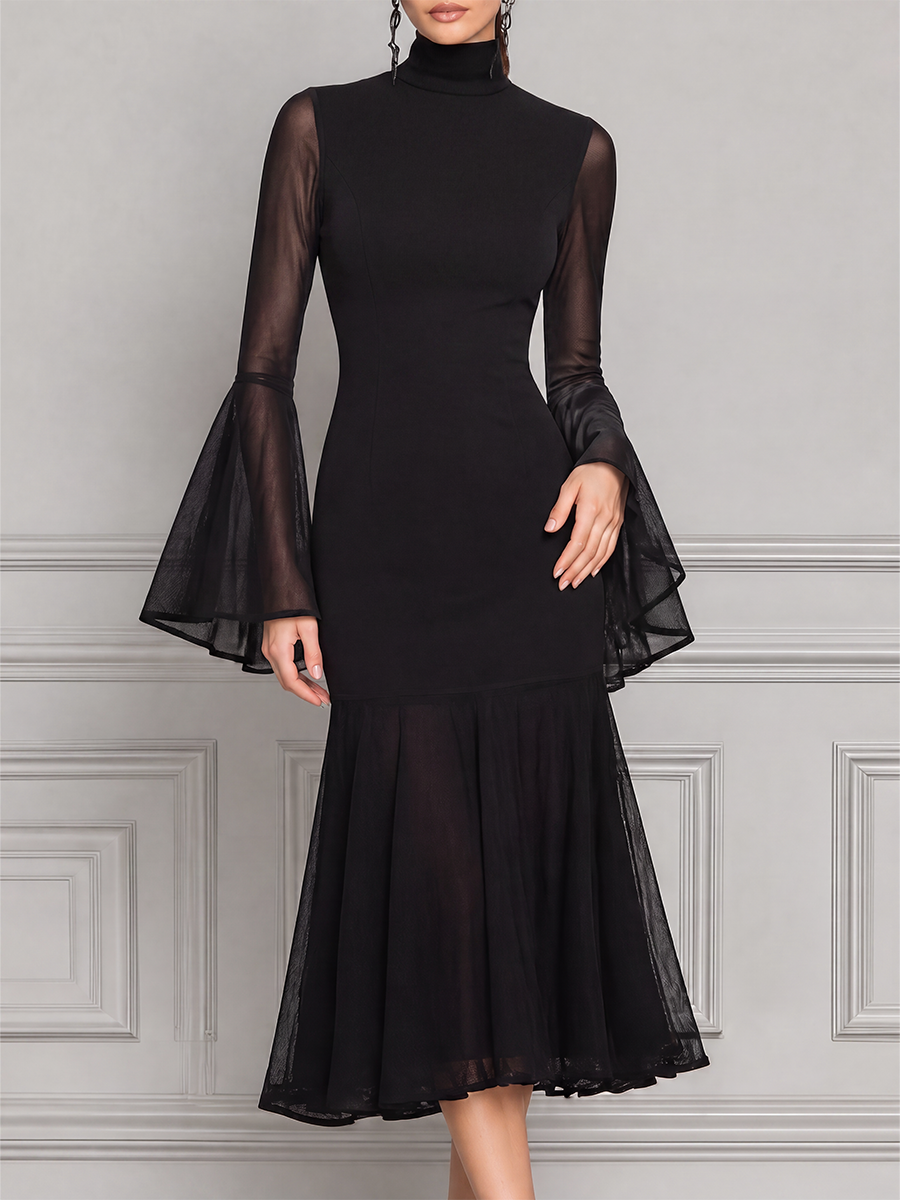 Black Dress Fall Wedding Guest Dress Sheer Bell Sleeve Mermaid Midi Dress
