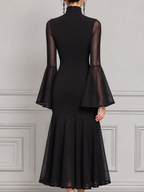Black Dress Fall Wedding Guest Dress Sheer Bell Sleeve Mermaid Midi Dress