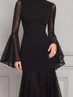 Black Dress Fall Wedding Guest Dress Sheer Bell Sleeve Mermaid Midi Dress