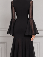 Black Dress Fall Wedding Guest Dress Sheer Bell Sleeve Mermaid Midi Dress