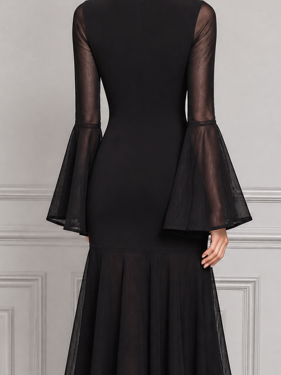 Black Dress Fall Wedding Guest Dress Sheer Bell Sleeve Mermaid Midi Dress