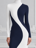 White Dress Stockholm Style Navy Contrast Turtleneck Pencil Midi Dress