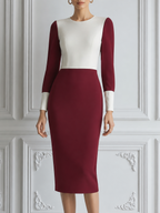 Burgundy Red Dress Fall Wedding Guest Dress White Colorblock Pencil Midi Dress