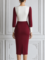 Burgundy Red Dress Fall Wedding Guest Dress White Colorblock Pencil Midi Dress