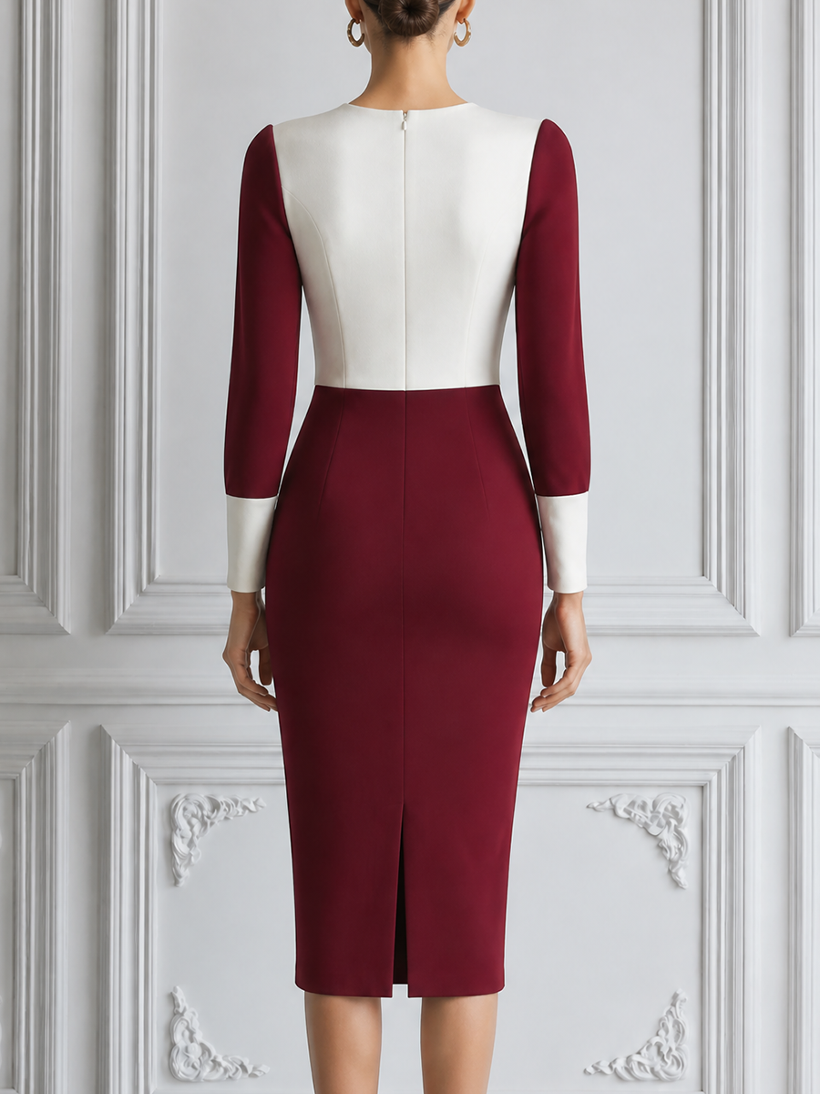 Burgundy Red Dress Fall Wedding Guest Dress White Colorblock Pencil Midi Dress