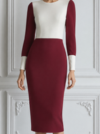 Burgundy Red Dress Fall Wedding Guest Dress White Colorblock Pencil Midi Dress