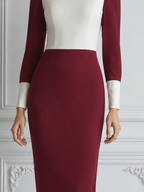 Burgundy Red Dress Fall Wedding Guest Dress White Colorblock Pencil Midi Dress