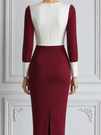 Burgundy Red Dress Fall Wedding Guest Dress White Colorblock Pencil Midi Dress