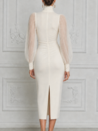 White Dress Fall Wedding Guest Dress Sheer Puff Sleeve Ruched Pencil Midi Dress