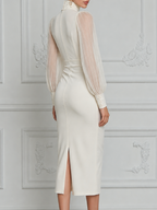 White Dress Fall Wedding Guest Dress Sheer Puff Sleeve Ruched Pencil Midi Dress