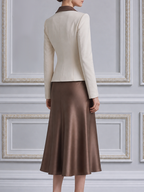Ivory Brown Peak Lapel Blazer & Satin Skirt Set