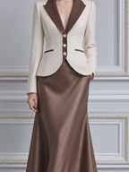 Ivory Brown Peak Lapel Blazer & Satin Skirt Set
