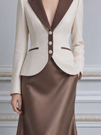 Ivory Brown Peak Lapel Blazer & Satin Skirt Set