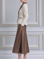 Ivory Brown Peak Lapel Blazer & Satin Skirt Set