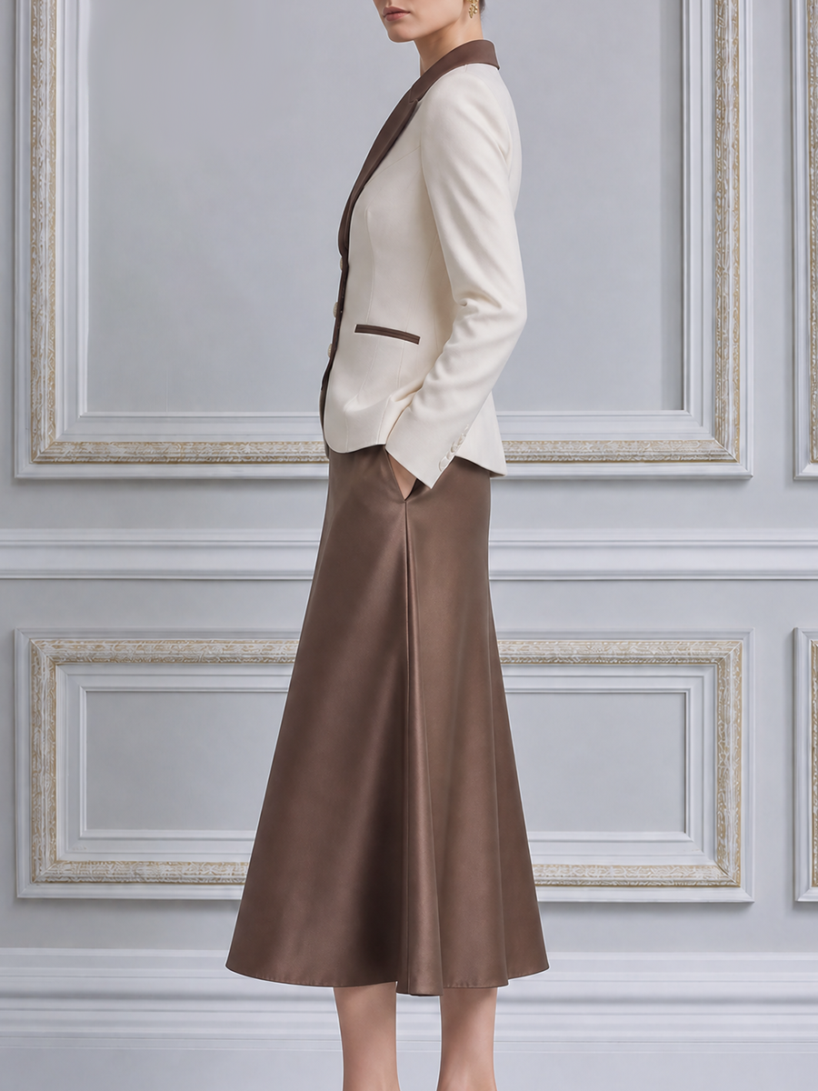 Ivory Brown Peak Lapel Blazer & Satin Skirt Set