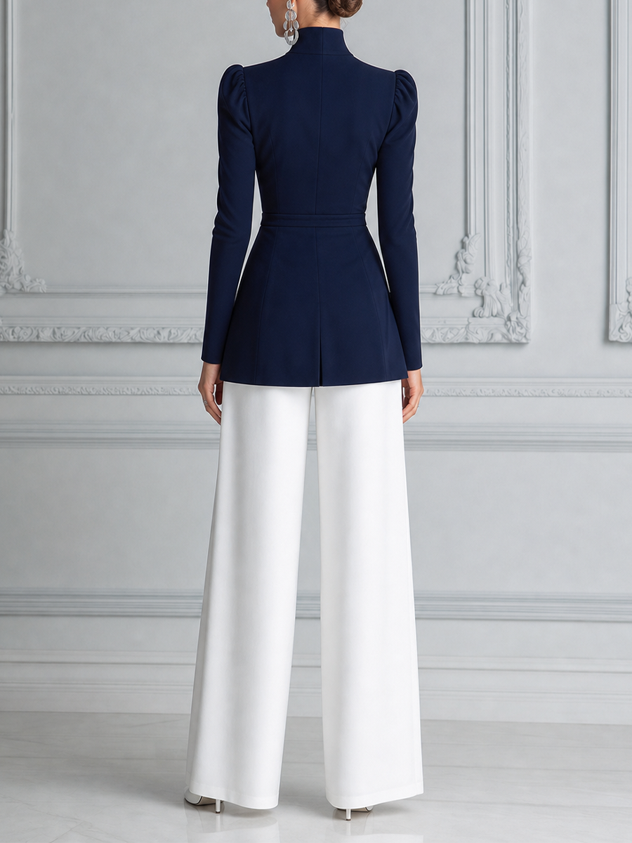 Navy Puff Sleeve Peplum Top & White Wide Leg Pants Set