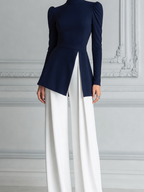 Navy Puff Sleeve Peplum Top & White Wide Leg Pants Set