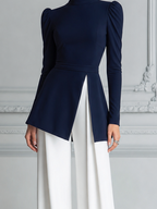 Navy Puff Sleeve Peplum Top & White Wide Leg Pants Set