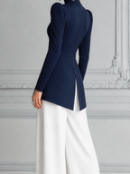 Navy Puff Sleeve Peplum Top & White Wide Leg Pants Set