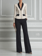 Ivory Black Preppy Contrast Lapel Blazer & Wide Leg Pants Set