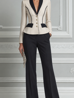 Ivory Black Preppy Contrast Lapel Blazer & Wide Leg Pants Set
