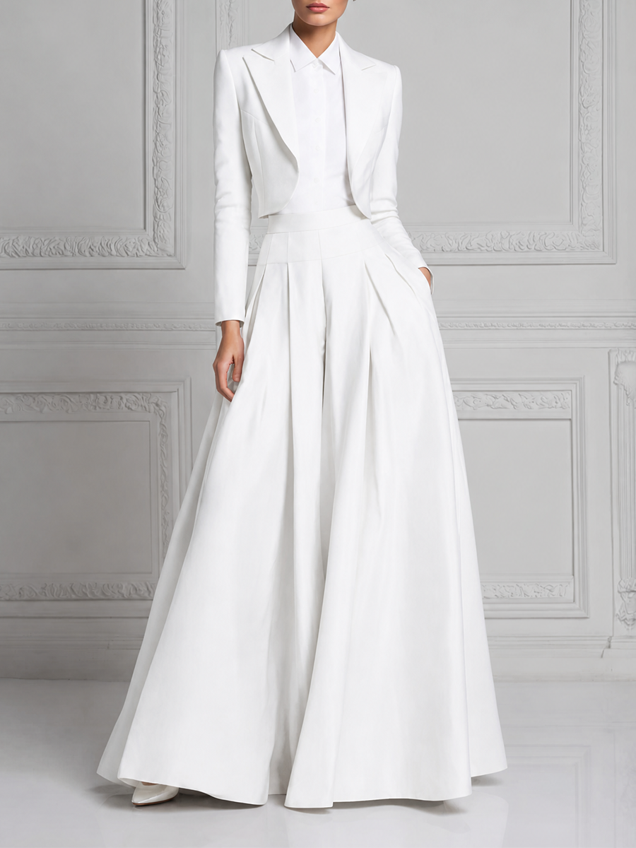White Preppy Cropped Blazer & Pleated Wide Leg Pants Set