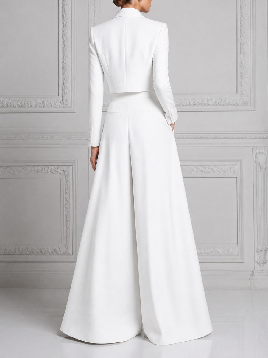 White Preppy Cropped Blazer & Pleated Wide Leg Pants Set