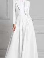 White Preppy Cropped Blazer & Pleated Wide Leg Pants Set