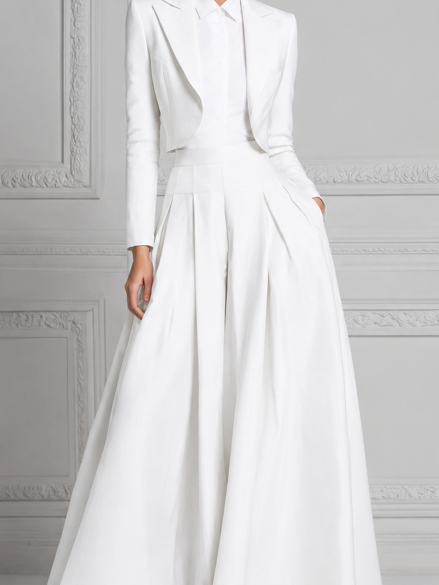 White Preppy Cropped Blazer & Pleated Wide Leg Pants Set