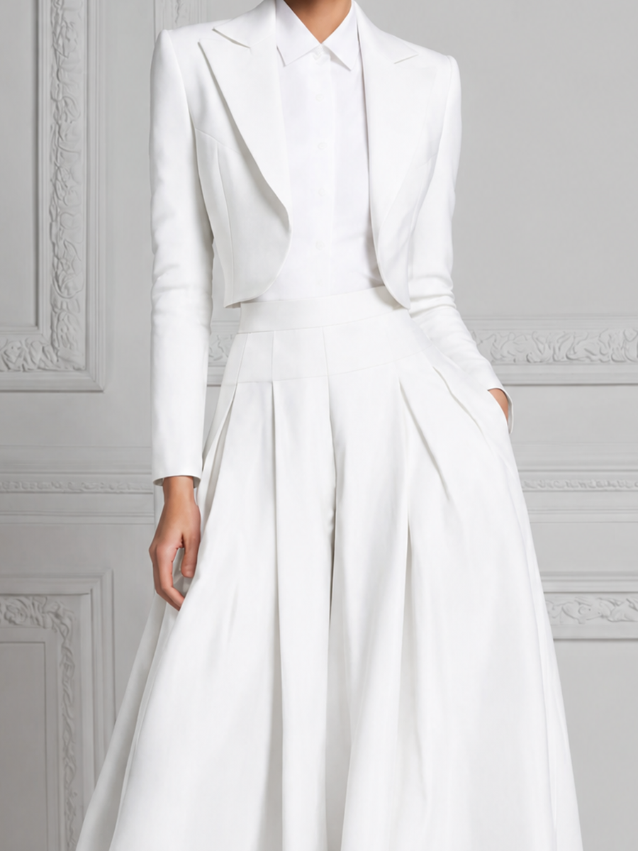 White Preppy Cropped Blazer & Pleated Wide Leg Pants Set
