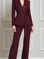 Burgundy Red Tailored Wrap Blazer & Wide Leg Pants Set