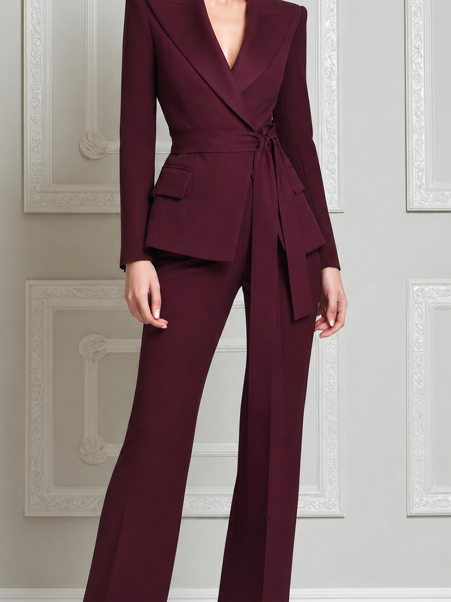 Burgundy Red Tailored Wrap Blazer & Wide Leg Pants Set