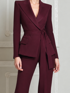 Burgundy Red Tailored Wrap Blazer & Wide Leg Pants Set