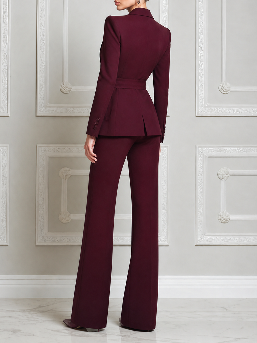 Burgundy Red Tailored Wrap Blazer & Wide Leg Pants Set