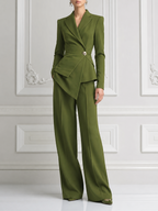Olive Green Wrap Blazer & Wide Leg Pants Set