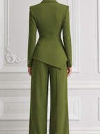 Olive Green Wrap Blazer & Wide Leg Pants Set