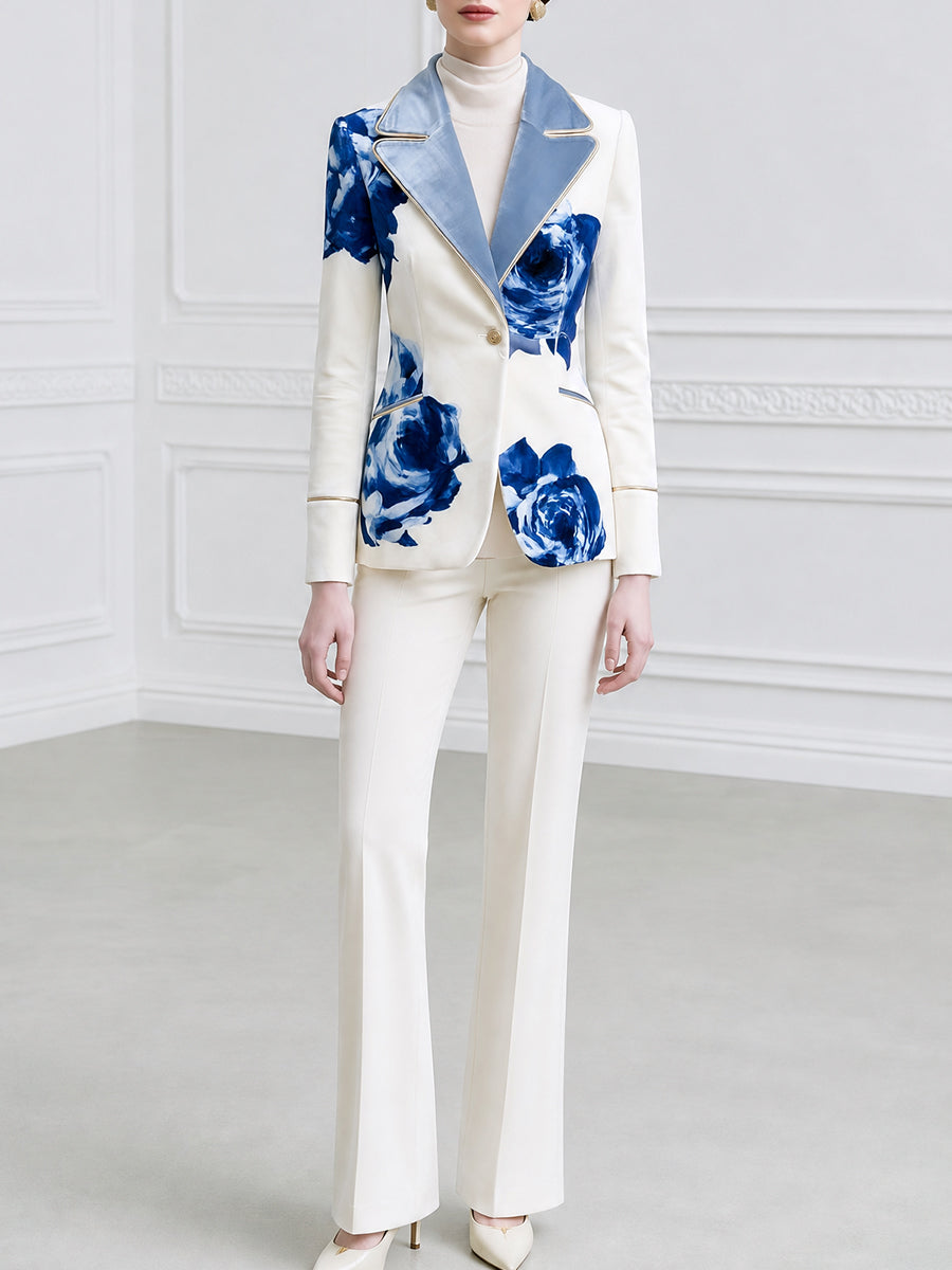 Floral Print Blazer With Contrast Velvet Lapel