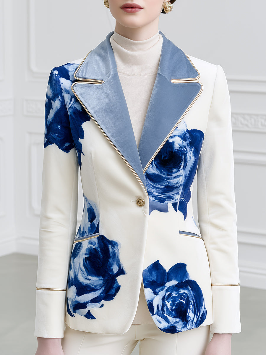 Floral Print Blazer With Contrast Velvet Lapel
