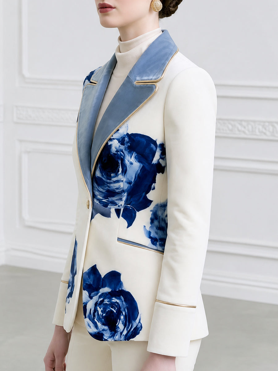 Floral Print Blazer With Contrast Velvet Lapel