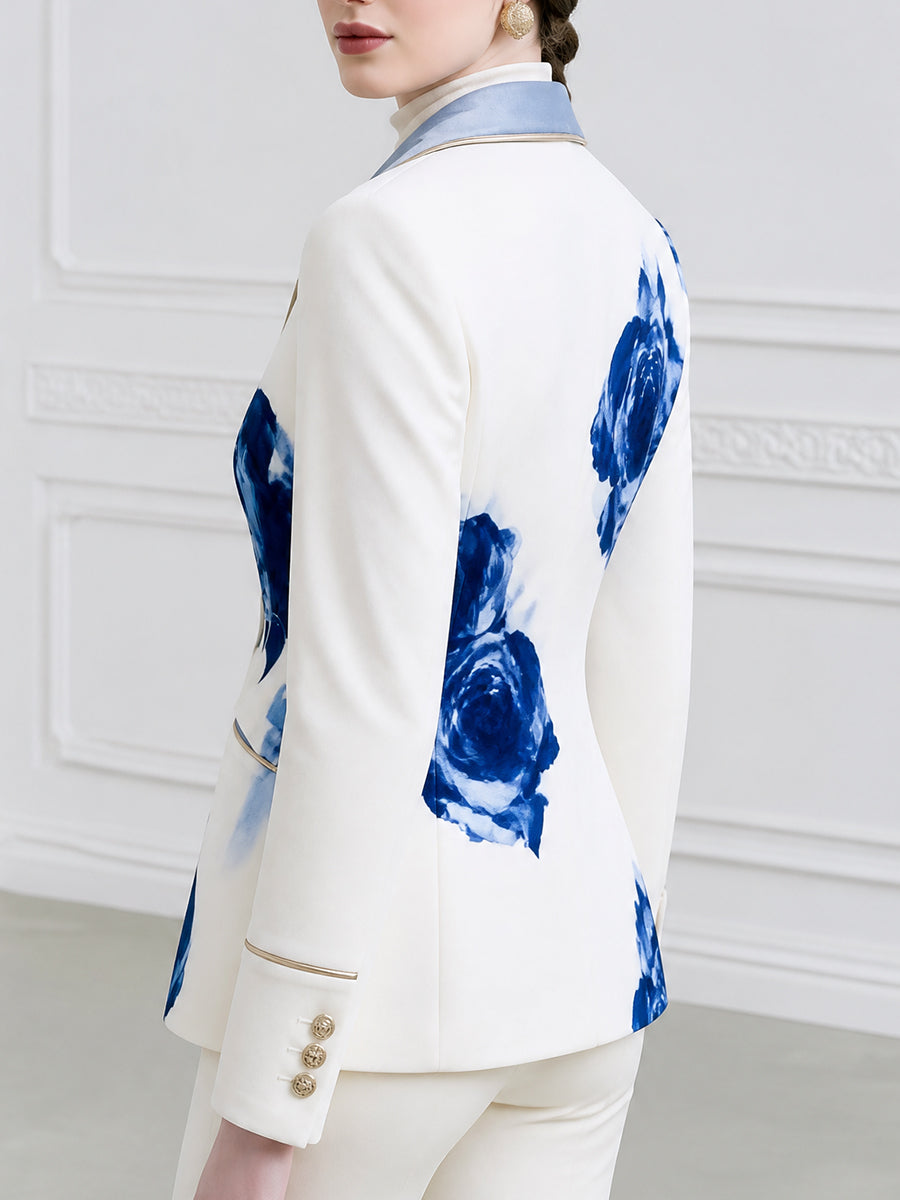 Floral Print Blazer With Contrast Velvet Lapel