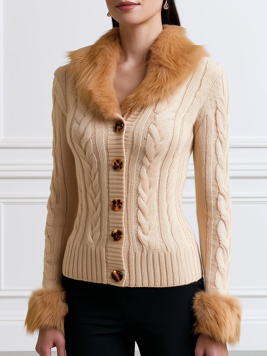 Cable Knit Cardigan with Faux Fur Collar and Cuffs