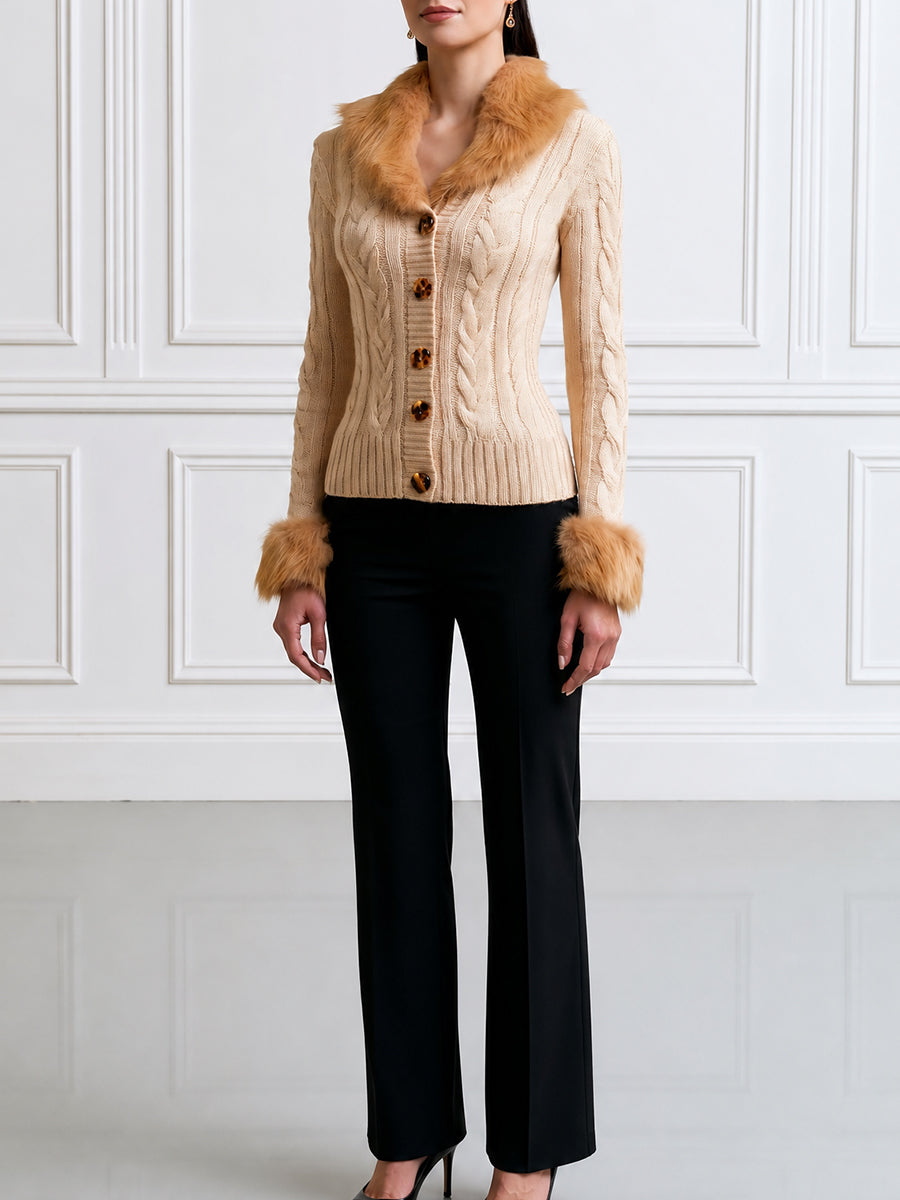 Cable Knit Cardigan with Faux Fur Collar and Cuffs