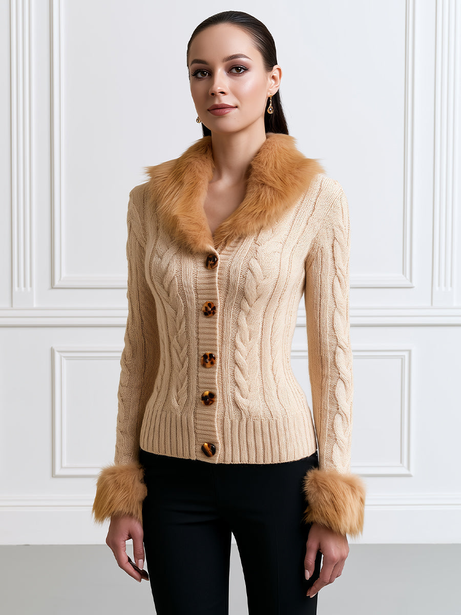 Cable Knit Cardigan with Faux Fur Collar and Cuffs
