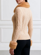 Cable Knit Cardigan with Faux Fur Collar and Cuffs